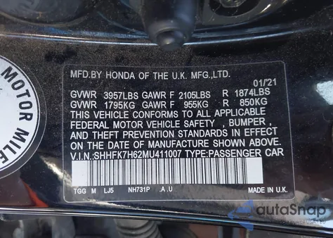 2021 Honda Civic Ex from USA, damaged, VIN SHHFK7H62MU411007